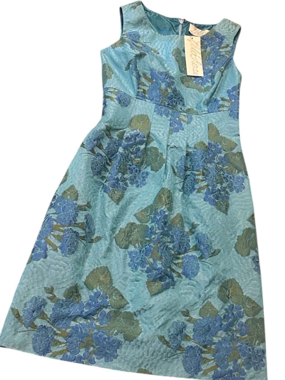 Lela Rose dress couture jaquard Sleeveless shift Blue hydrangea